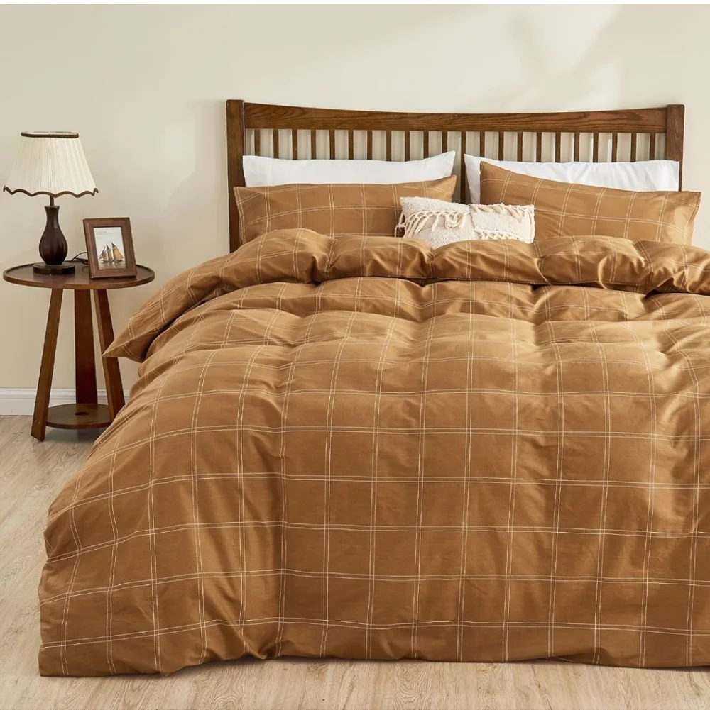 JELLYMONI 100% Natural Cotton Full Duvet Cover Set, 3pcs Plaid Duvet Cover Sets